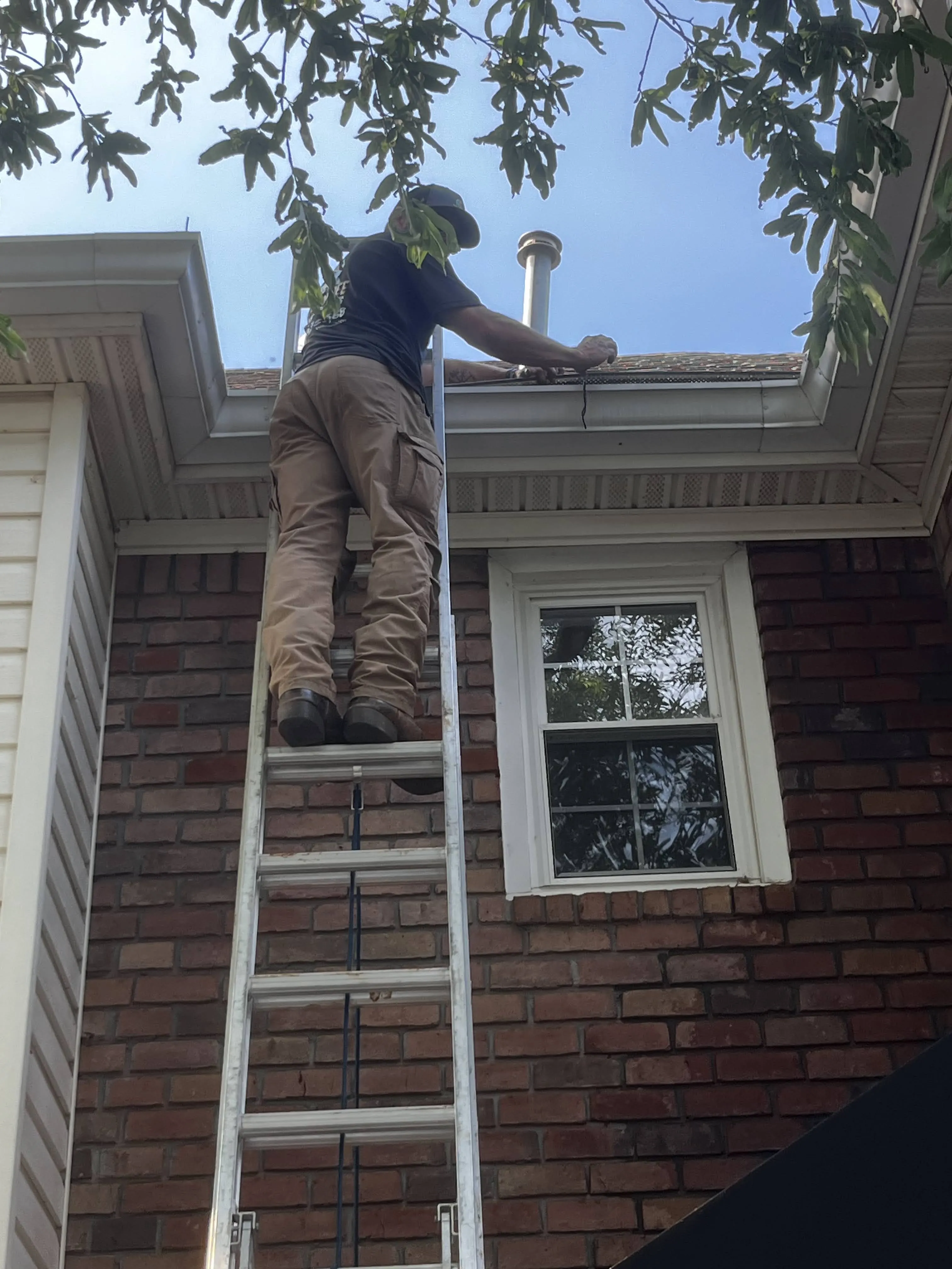 HoneyBee technician up a ladder hand-clearing a home gutter at the roofline