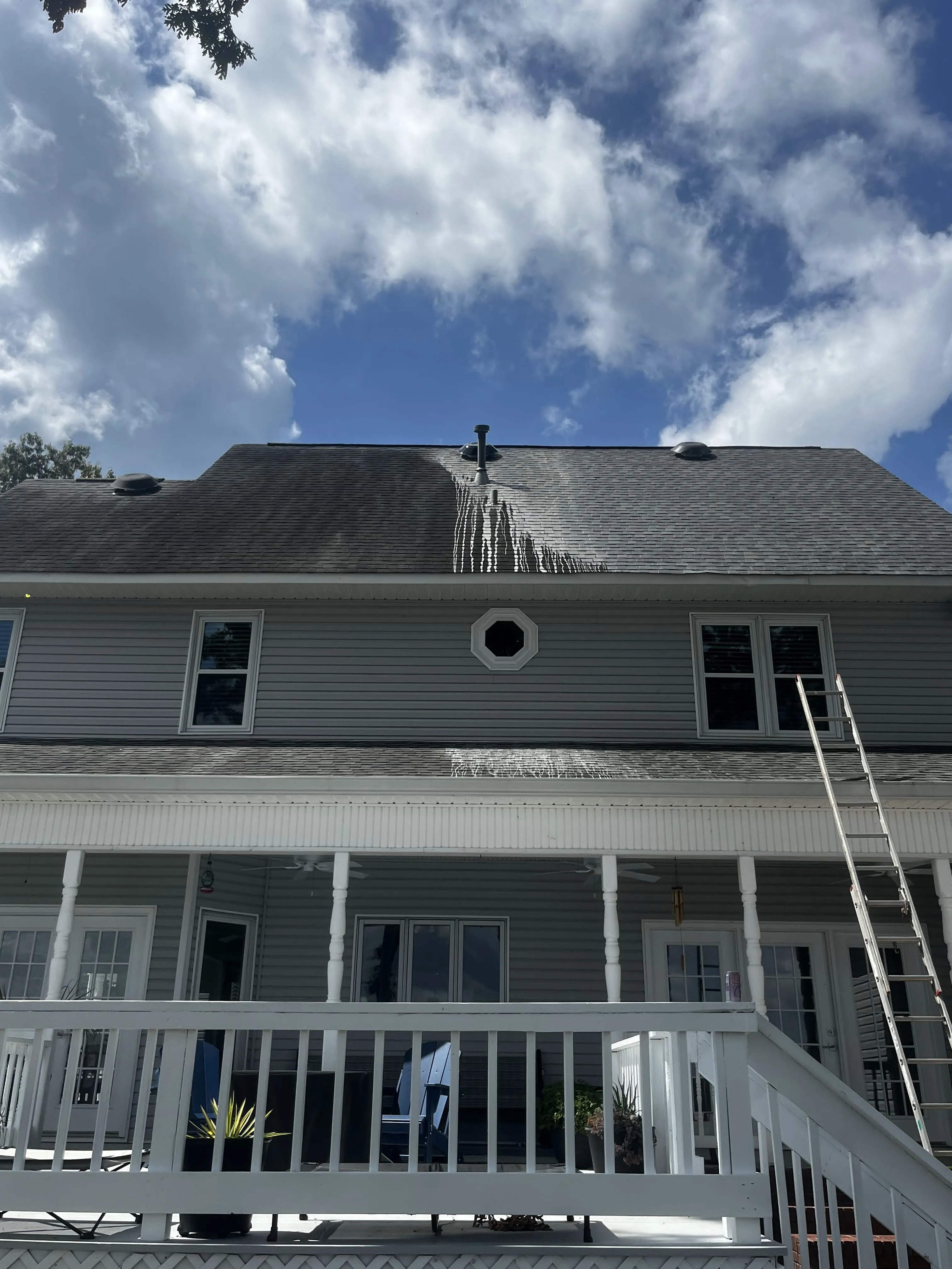 Shingle roof with dark algae streaks before washing